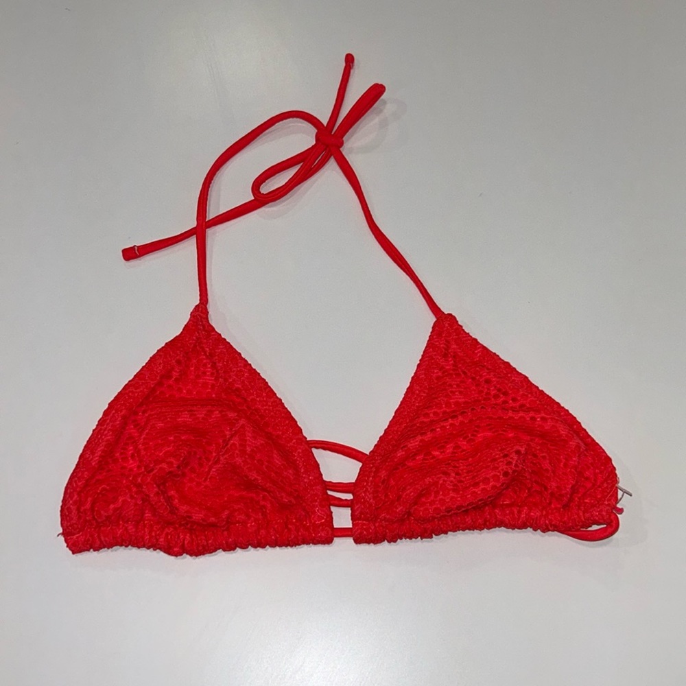 No Boundaries fluorescent neon coral pink lace tie one bikini triangle top
